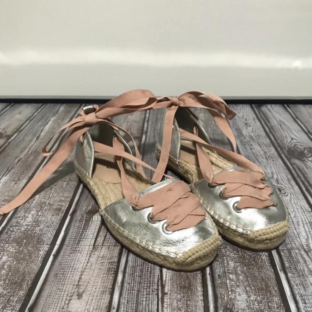 Metallic Espadrille Lace Up Tie Ballet Flats - Aldo Ballerina Slippers 7
